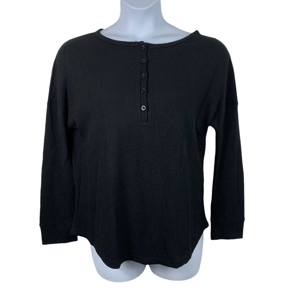 Famulily Sz Medium Waffle Knit Top Black Long Sleeve Tee Button Neckline Shirt